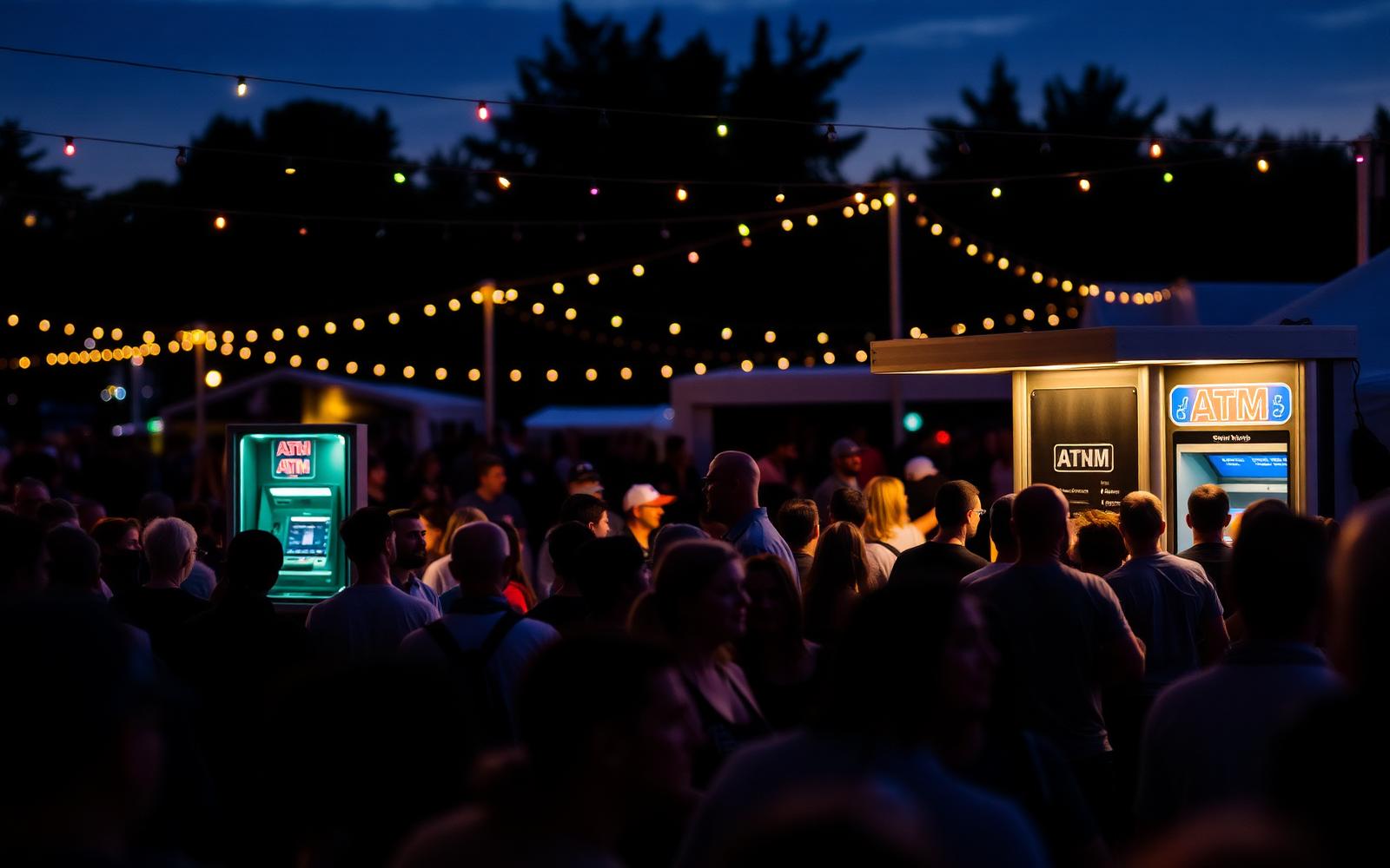 Festival crowd using event ATMs at dusk